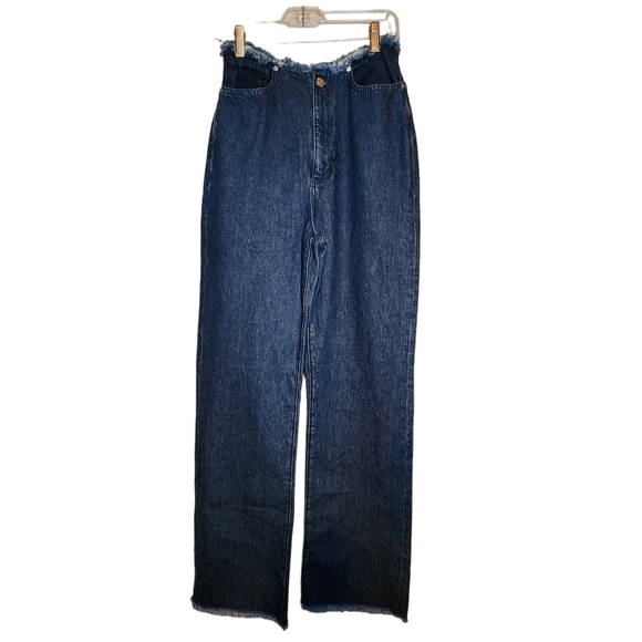 WeWoreWhat Indigo Denim True Blue Frayed Straight Wide Leg Raw Hem Jeans Size 26 - Picture 3 of 9